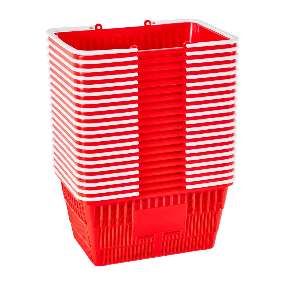 VEVOR Shopping Baskets, 20 PCS, 21L Stackable PE Plastic Grocery Baskets with Handles, Dense Mesh Structure, Holds up to 9.07kg, Portable for Grocery, Retail, Stores, Supermarket, Home Use, Red