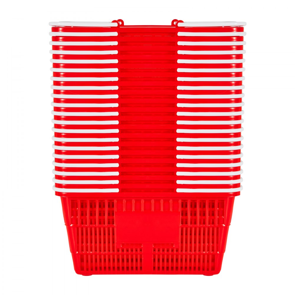 VEVOR Shopping Baskets, 20 PCS, 21L Stackable PE Plastic Grocery Baskets with Handles, Dense Mesh Structure, Holds up to 9.07kg, Portable for Grocery, Retail, Stores, Supermarket, Home Use, Red