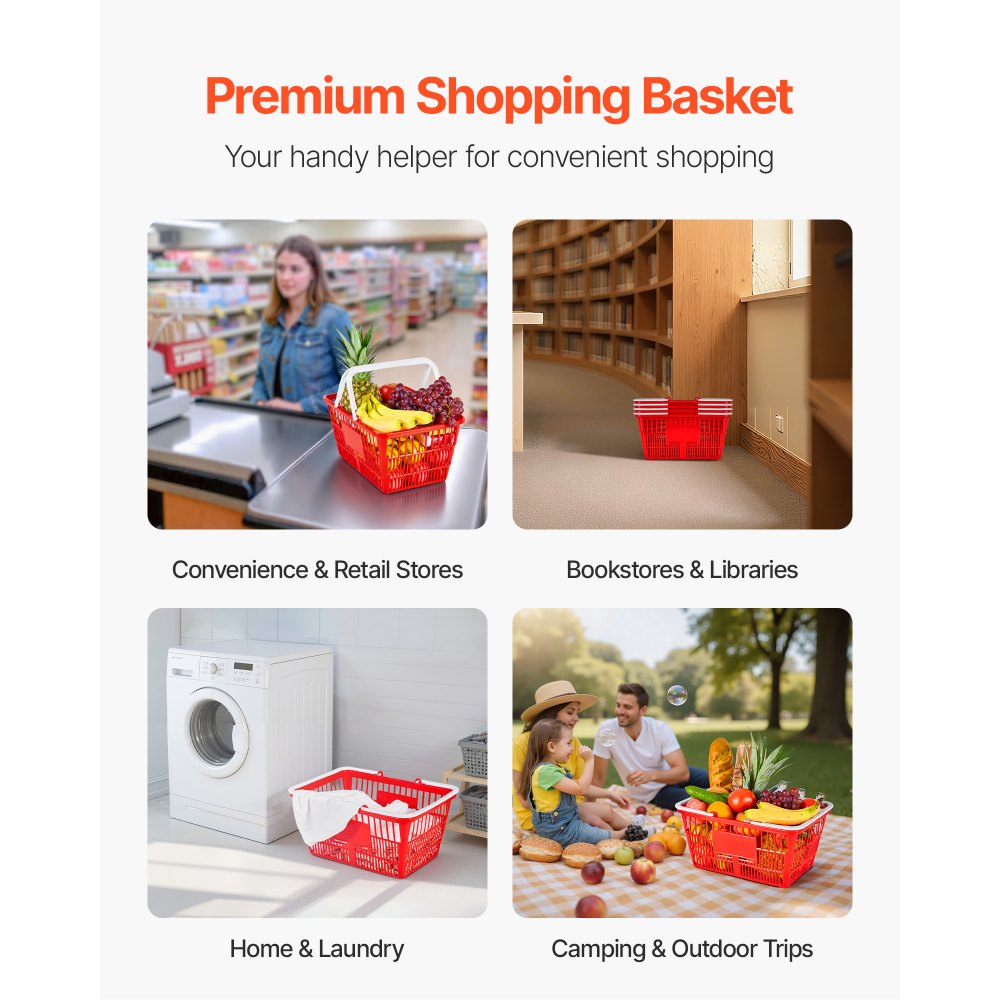 VEVOR Boodschappenmand, 4 stuks, 21 L, PE-kunststof draagmand met handvatten, stapelbare universele mand, draagbare kunststof mand voor boodschappen, detailhandel, winkels, supermarkten, thuisgebruik, rood