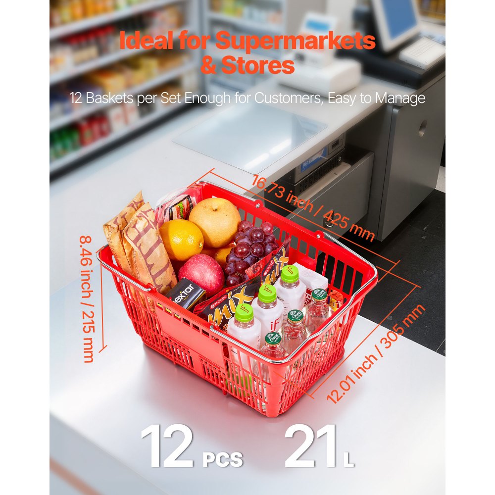 VEVOR Shopping Baskets, 12 PCS, 21L Stackable PE Plastic Grocery Baskets with Metal Handles, Dense Mesh Structure, Holds up to 9.07kg, Portable for Grocery, Retail, Stores, Supermarket, Home Use, Red