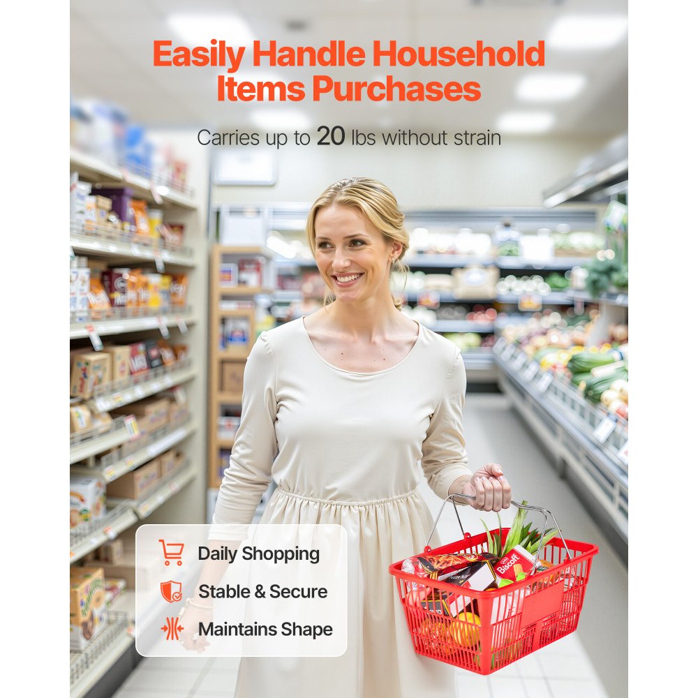 VEVOR Shopping Baskets, 12 PCS, 21L Stackable PE Plastic Grocery Baskets with Metal Handles, Dense Mesh Structure, Holds up to 9.07kg, Portable for Grocery, Retail, Stores, Supermarket, Home Use, Red