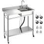 VEVOR Stainless Steel Utility Sink, Rolling Single Bowl Commercial Kitchen Sink with Wheels, Faucet and Hot & Cold Water Pipe, Utility Basin Workbench for Garage Restaurant Laundry 1000 x 500 x 1055mm