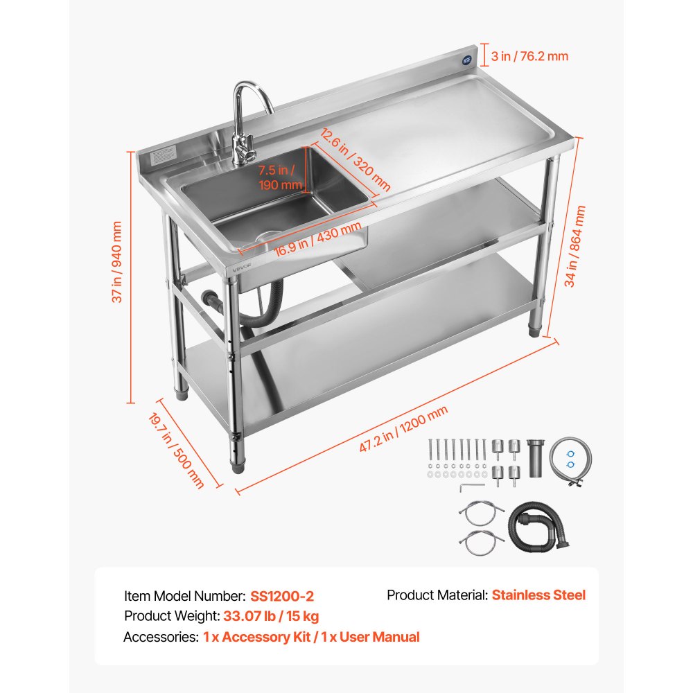VEVOR Stainless Steel Utility Sink, Free Standing Single Bowl Commercial Kitchen Sink with Faucet and Hot & Cold Water Pipe, Dual Storage Shelves for Garage, Restaurant, Laundry, 1200 x 500 x 940 mm