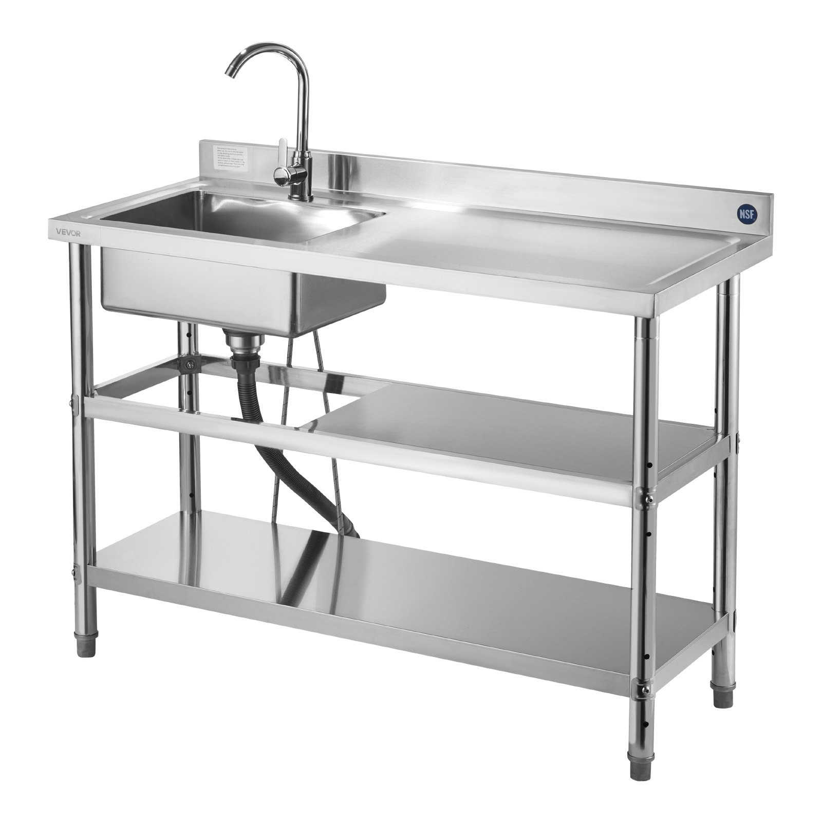 VEVOR Stainless Steel Utility Sink, Free Standing Single Bowl Commercial Kitchen Sink with Faucet and Hot & Cold Water Pipe, Dual Storage Shelves for Garage, Restaurant, Laundry, 1200 x 500 x 940 mm