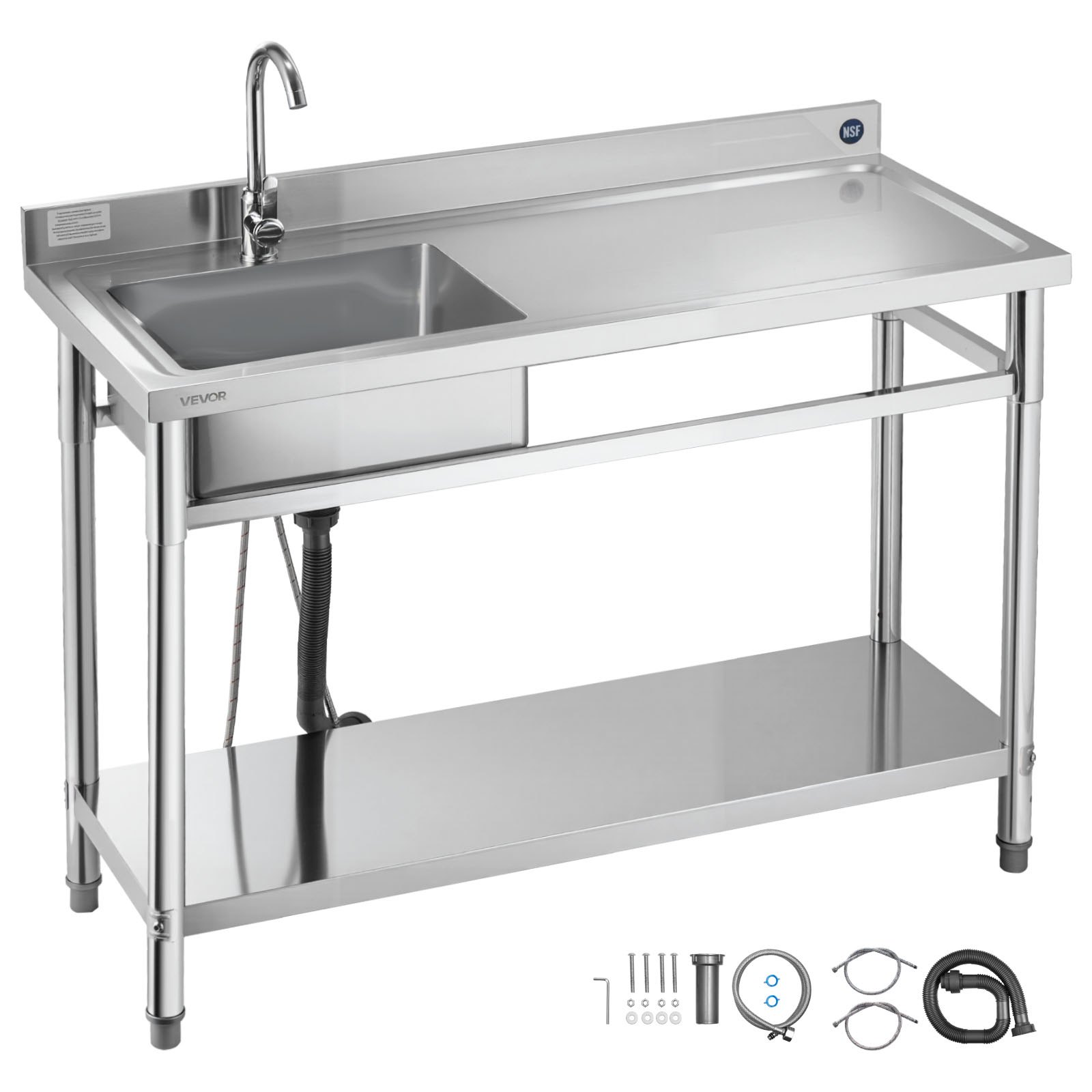 VEVOR RVS spoelbak (120 x 50 x 94 cm), enkele kom met kraan en plank, keukengootsteen voor garage, restaurant, wasruimte, buitenwasbak met werkblad (rechts)