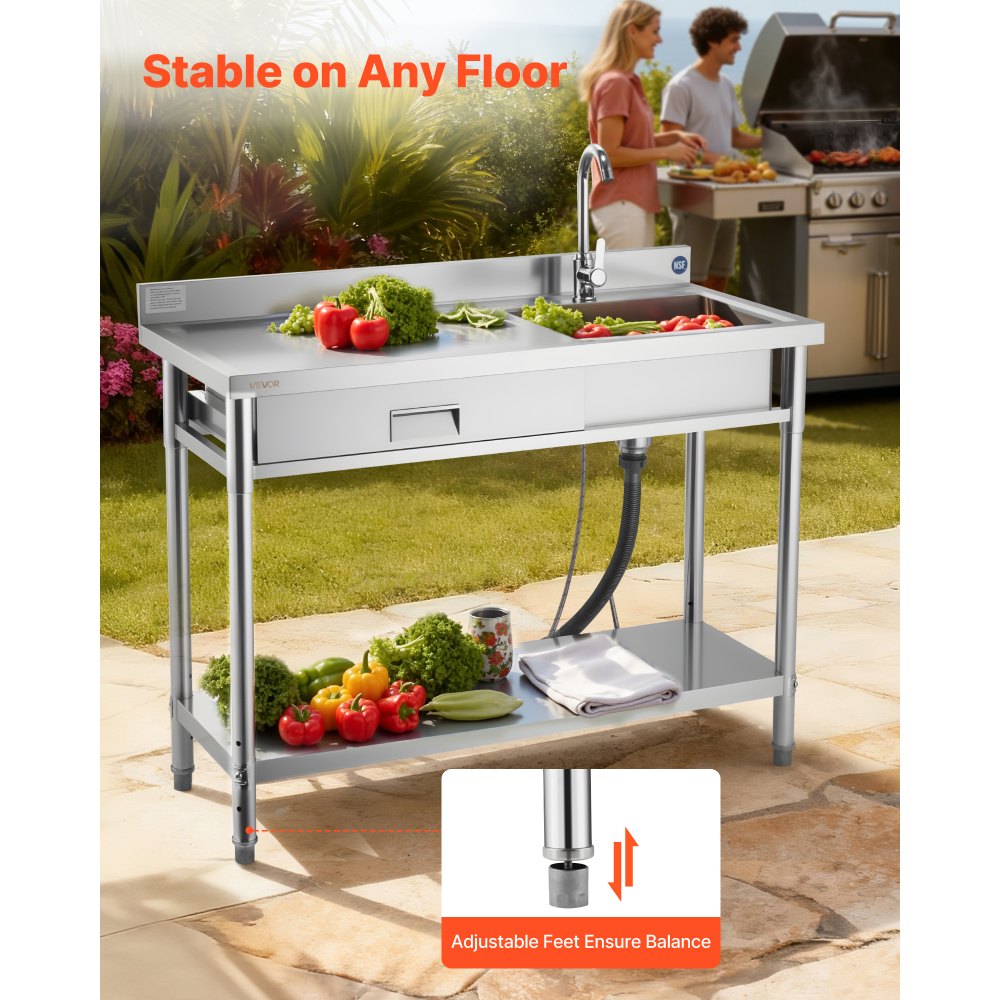 VEVOR RVS spoelbak (120 x 50 x 94 cm), enkele kom met kraan en lade, keukenwastafel voor garage, restaurant, wasruimte, buitenwastafel met werkblad (links)