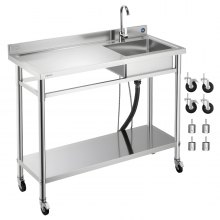 VEVOR RVS spoelbak (1200 x 500 x 1055 mm), enkele kom met kraan en wielen, keukenspoelbak voor garage, restaurant, wasruimte, buitenwasbak met werkblad (links)