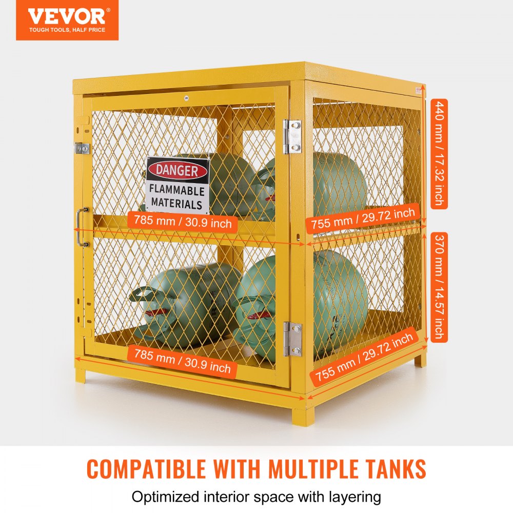 VEVOR horizontale cilinderopslagkast, 4 x 33 lbs cilinderinhoud, 31,02 x 30,04 x 35 inch propaanopslagkooi, gascilinderkast, gele poedercoating, voor freon, gassen, zuurstof, stikstof