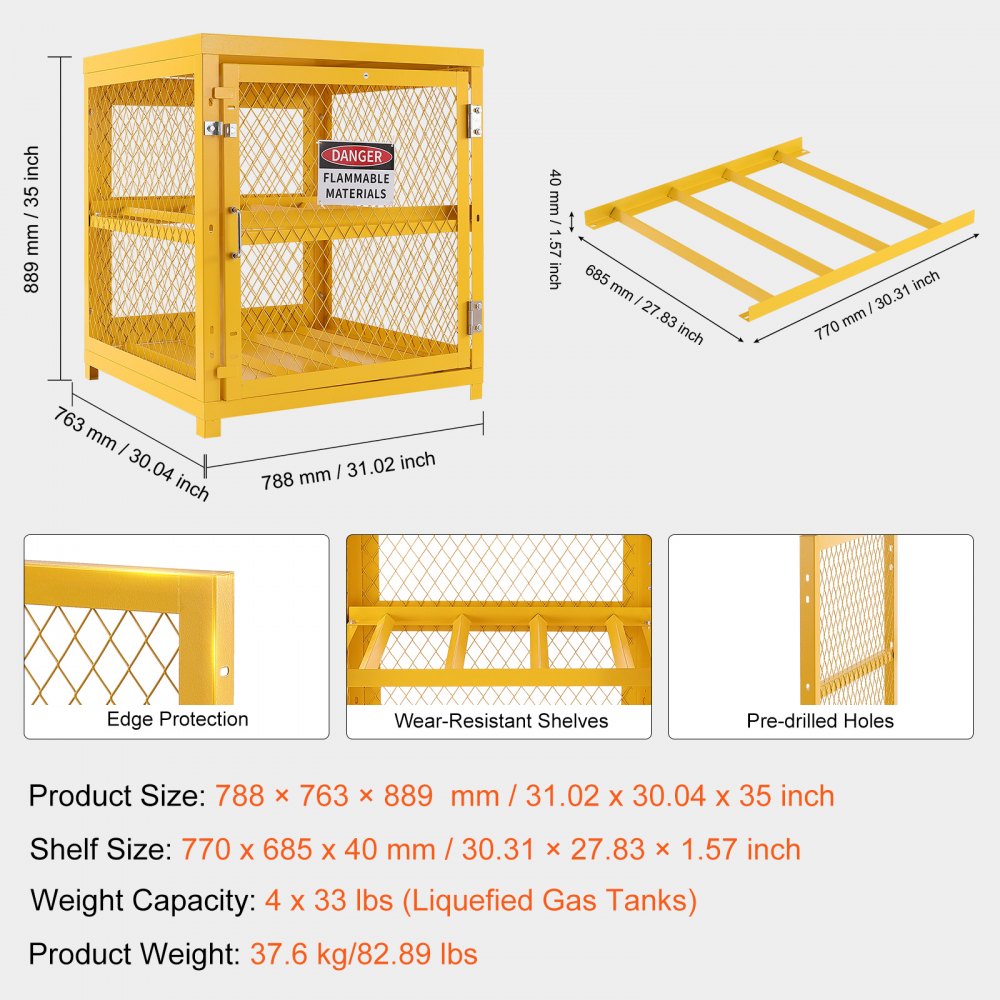 VEVOR horizontale cilinderopslagkast, 4 x 33 lbs cilinderinhoud, 31,02 x 30,04 x 35 inch propaanopslagkooi, gascilinderkast, gele poedercoating, voor freon, gassen, zuurstof, stikstof