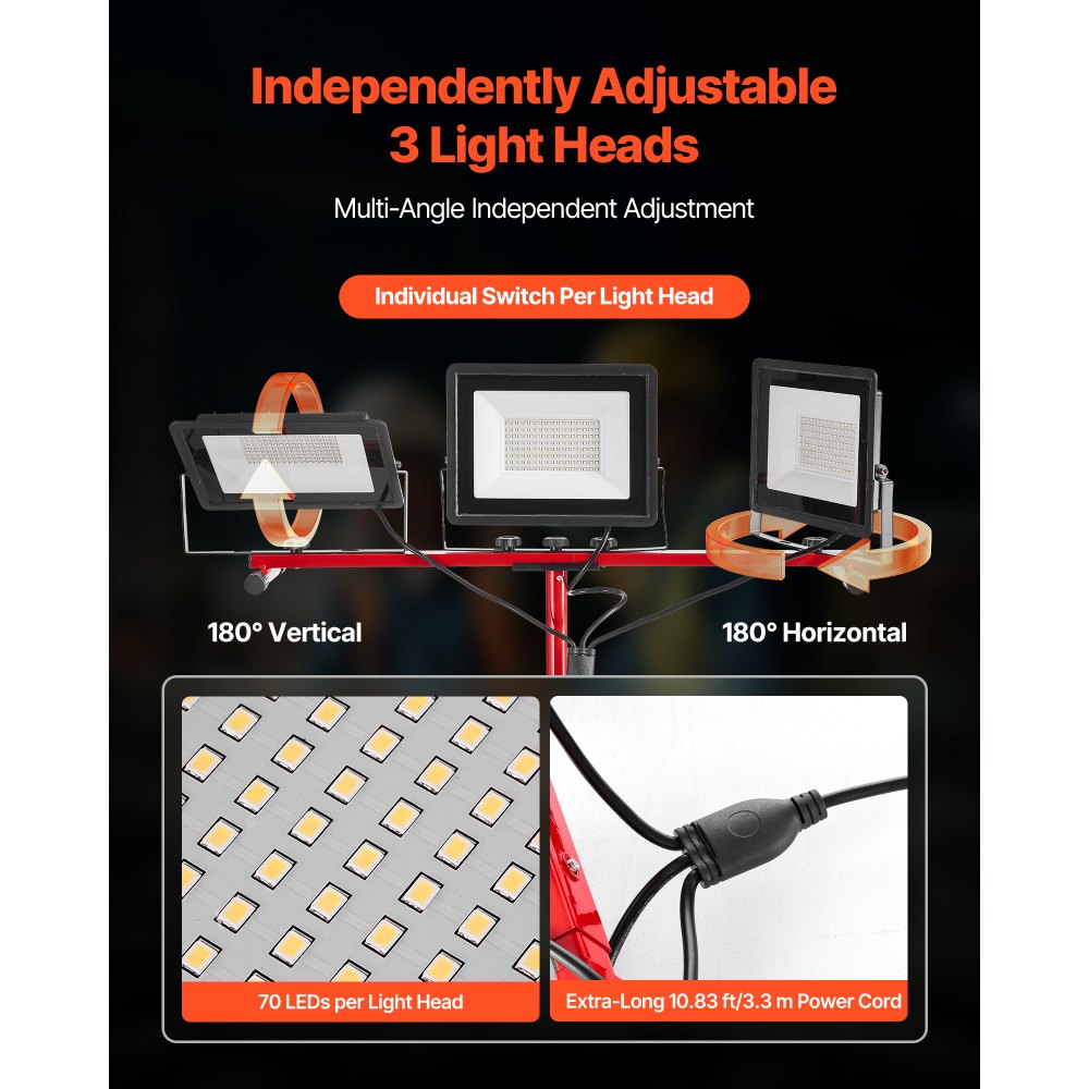 VEVOR LED-bouwspot met statief, 15.000 lumen, 6000-6500K werklamp met drie koppen, afzonderlijke schakelaar en 3,3 m netsnoer, voor bouwplaatsen binnen en buiten, IP65 waterdicht