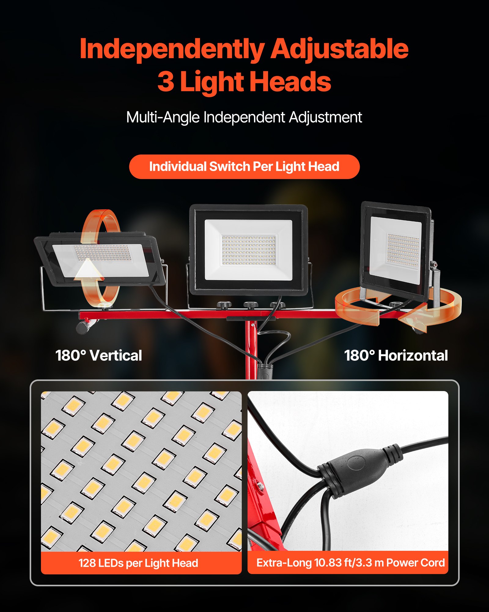 VEVOR LED-bouwspot met statief, 21.000 lumen, 6000-6500K werklamp met drie koppen, afzonderlijke schakelaar en 3,3 m netsnoer, voor bouwplaatsen binnen en buiten, IP65 waterdicht