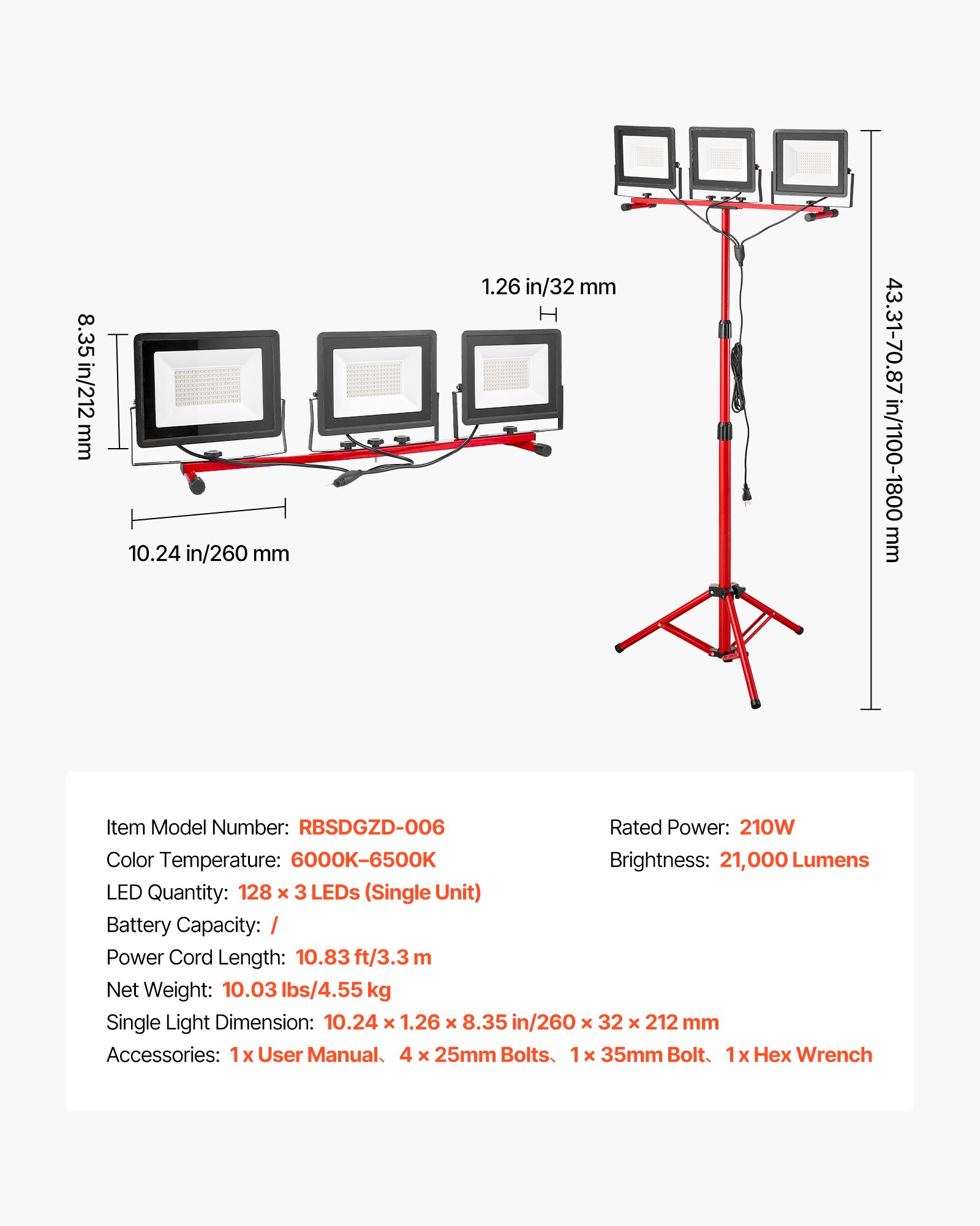 VEVOR LED-bouwspot met statief, 21.000 lumen, 6000-6500K werklamp met drie koppen, afzonderlijke schakelaar en 3,3 m netsnoer, voor bouwplaatsen binnen en buiten, IP65 waterdicht