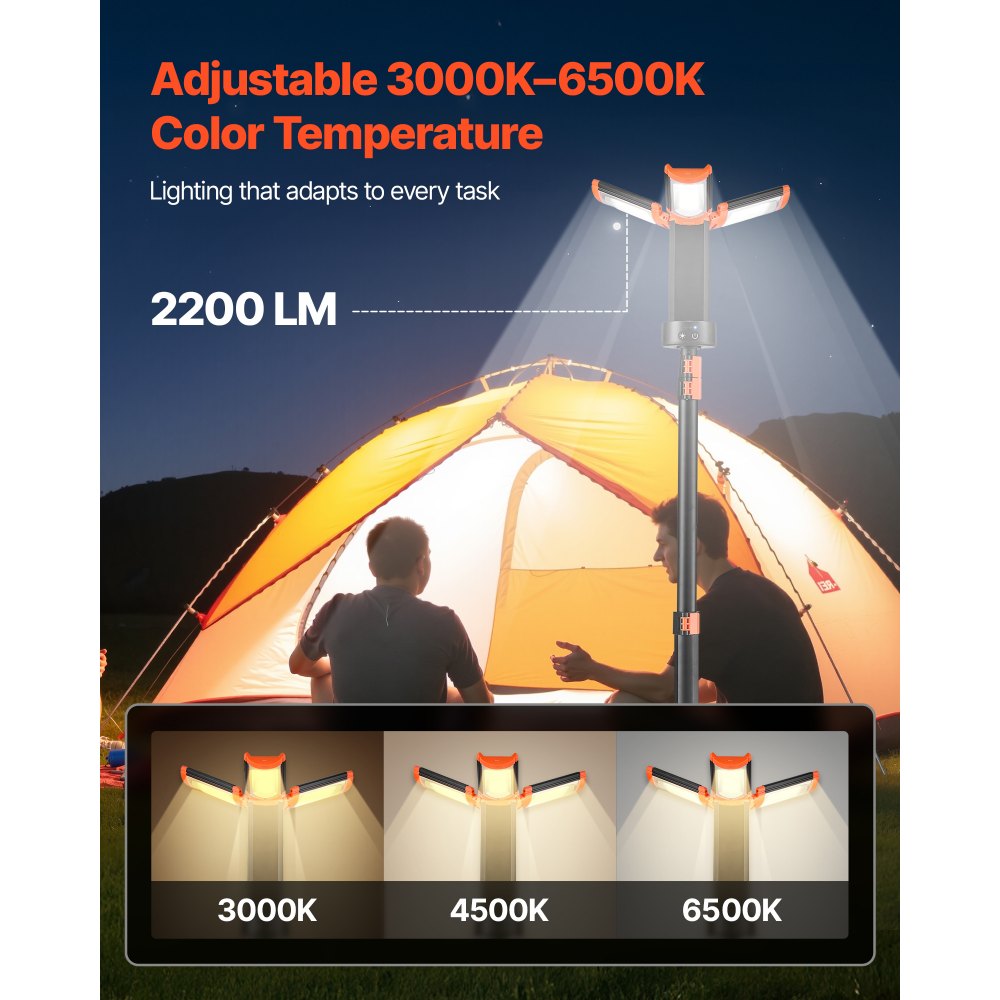 VEVOR LED-bouwlamp met statief, oplaadbare campinglamp van 6 Ah, met 3 lampkoppen, afneembaar statief, 2200 LM, 3000 K-6500 K, dimbaar, bouwplaatsverlichting