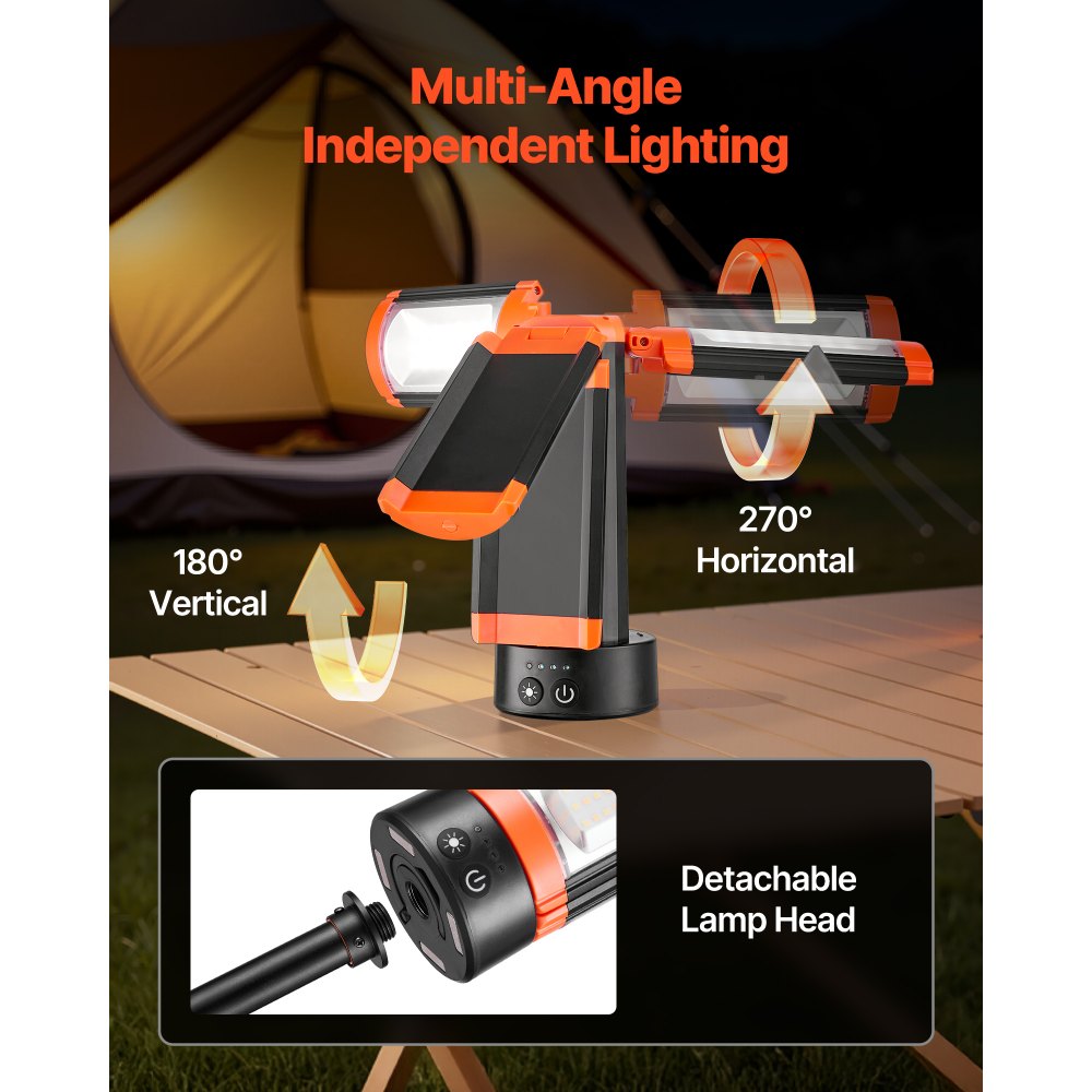 VEVOR LED-bouwlamp met statief, oplaadbare campinglamp van 6 Ah, met 3 lampkoppen, afneembaar statief, 2200 LM, 3000 K-6500 K, dimbaar, bouwplaatsverlichting