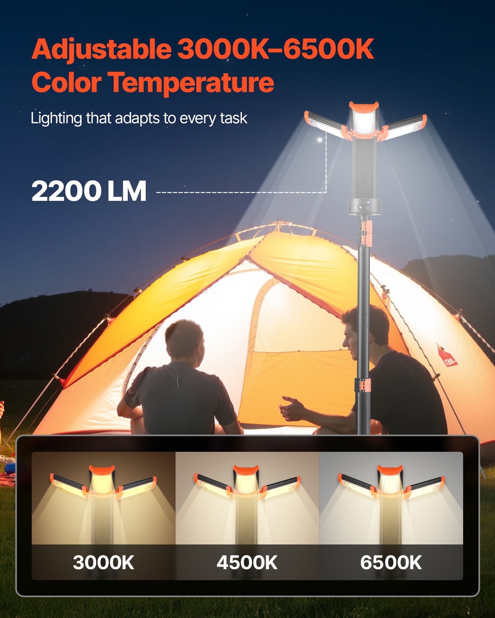 VEVOR LED-bouwlamp met statief, oplaadbare campinglamp van 6 Ah, met 3 lampkoppen, afneembaar statief, 2200 LM, 3000 K-6500 K, dimbaar, bouwplaatsverlichting