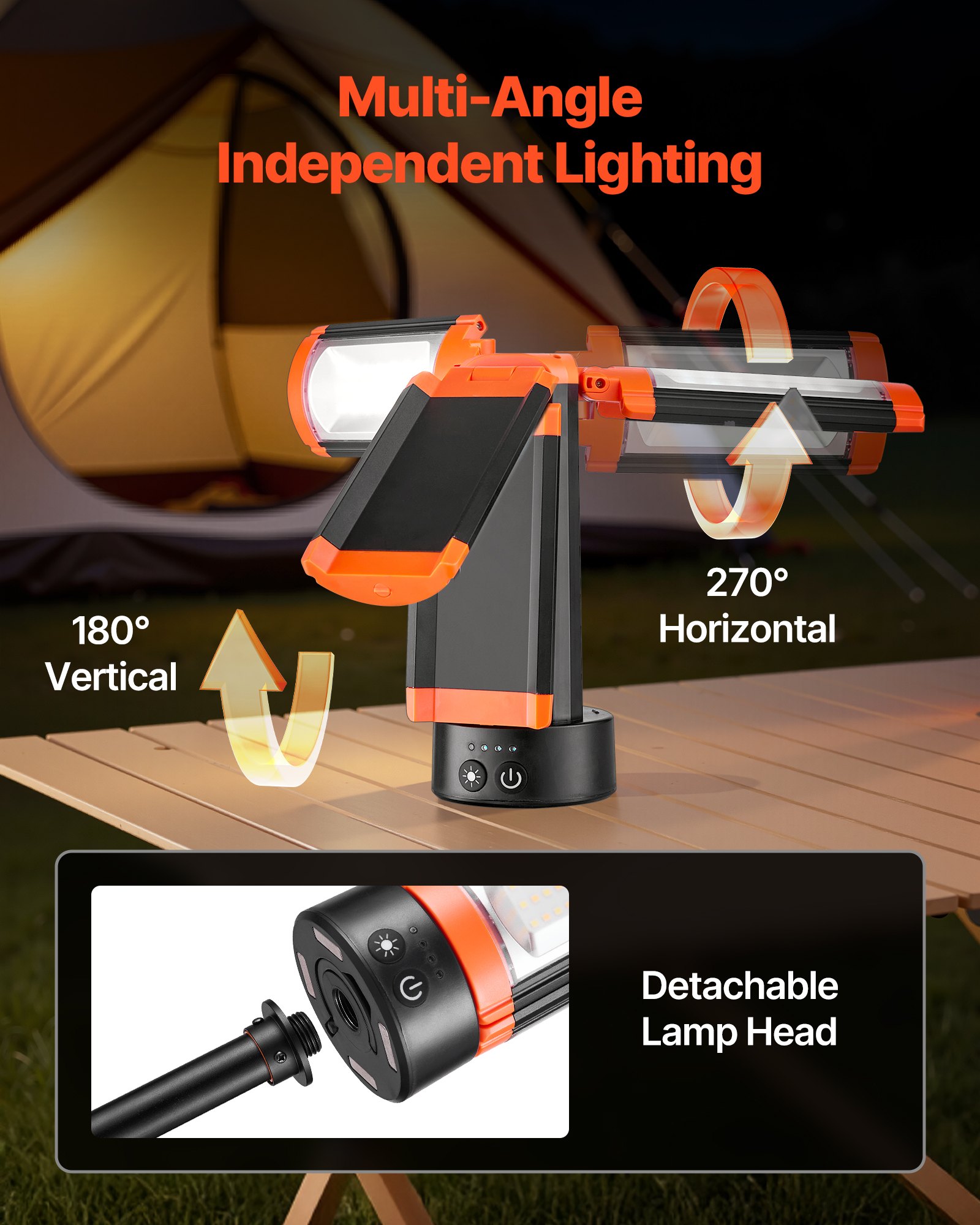 VEVOR LED-bouwlamp met statief, oplaadbare campinglamp van 6 Ah, met 3 lampkoppen, afneembaar statief, 2200 LM, 3000 K-6500 K, dimbaar, bouwplaatsverlichting