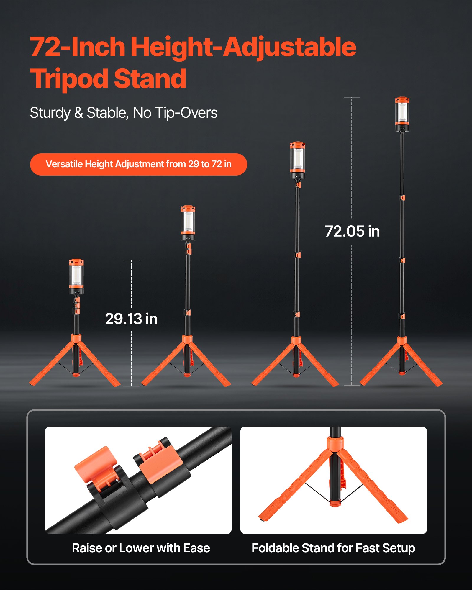 VEVOR LED-bouwlamp met statief, oplaadbare campinglamp van 6 Ah, met 3 lampkoppen, afneembaar statief, 2200 LM, 3000 K-6500 K, dimbaar, bouwplaatsverlichting