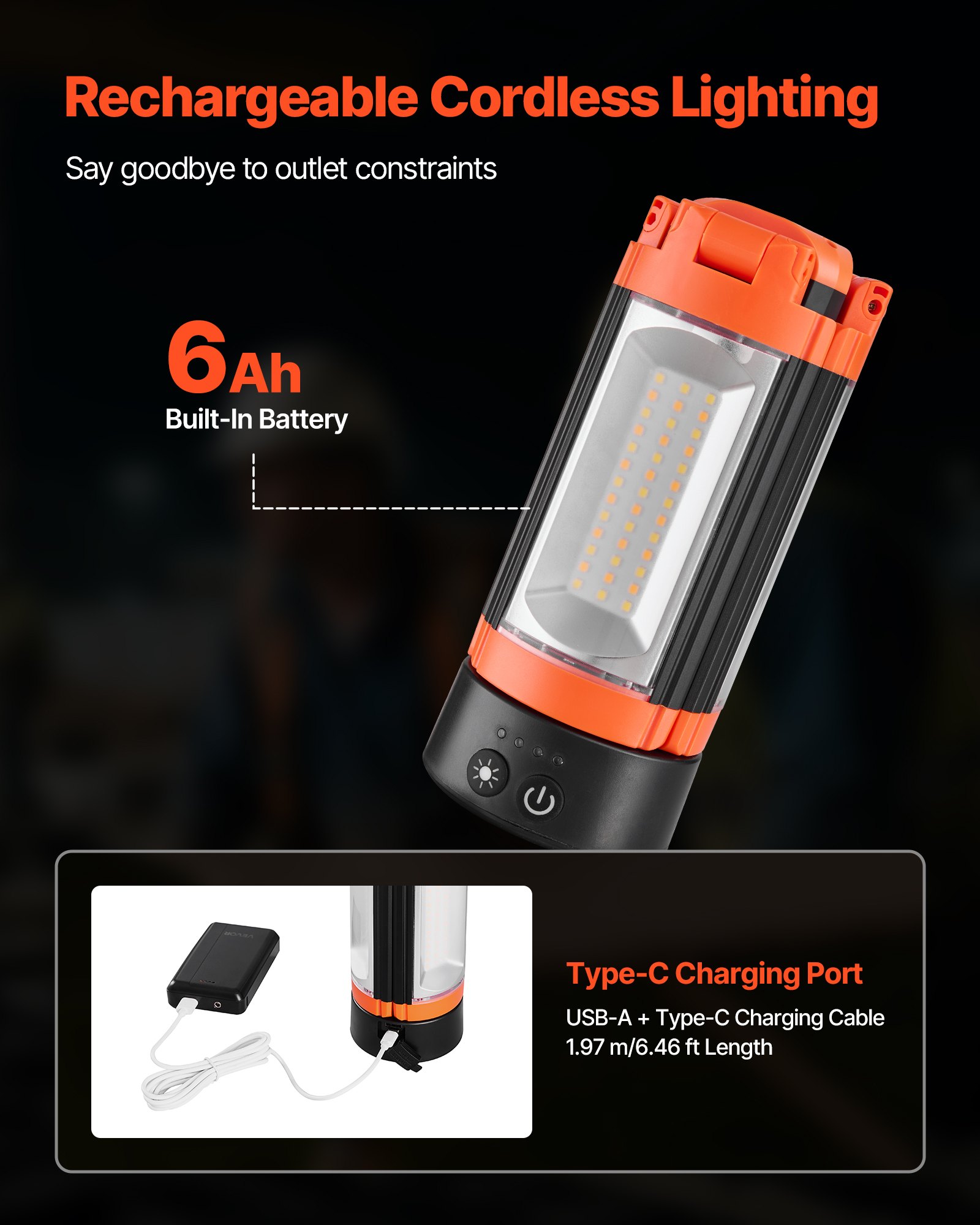 VEVOR LED-bouwlamp met statief, oplaadbare campinglamp van 6 Ah, met 3 lampkoppen, afneembaar statief, 2200 LM, 3000 K-6500 K, dimbaar, bouwplaatsverlichting
