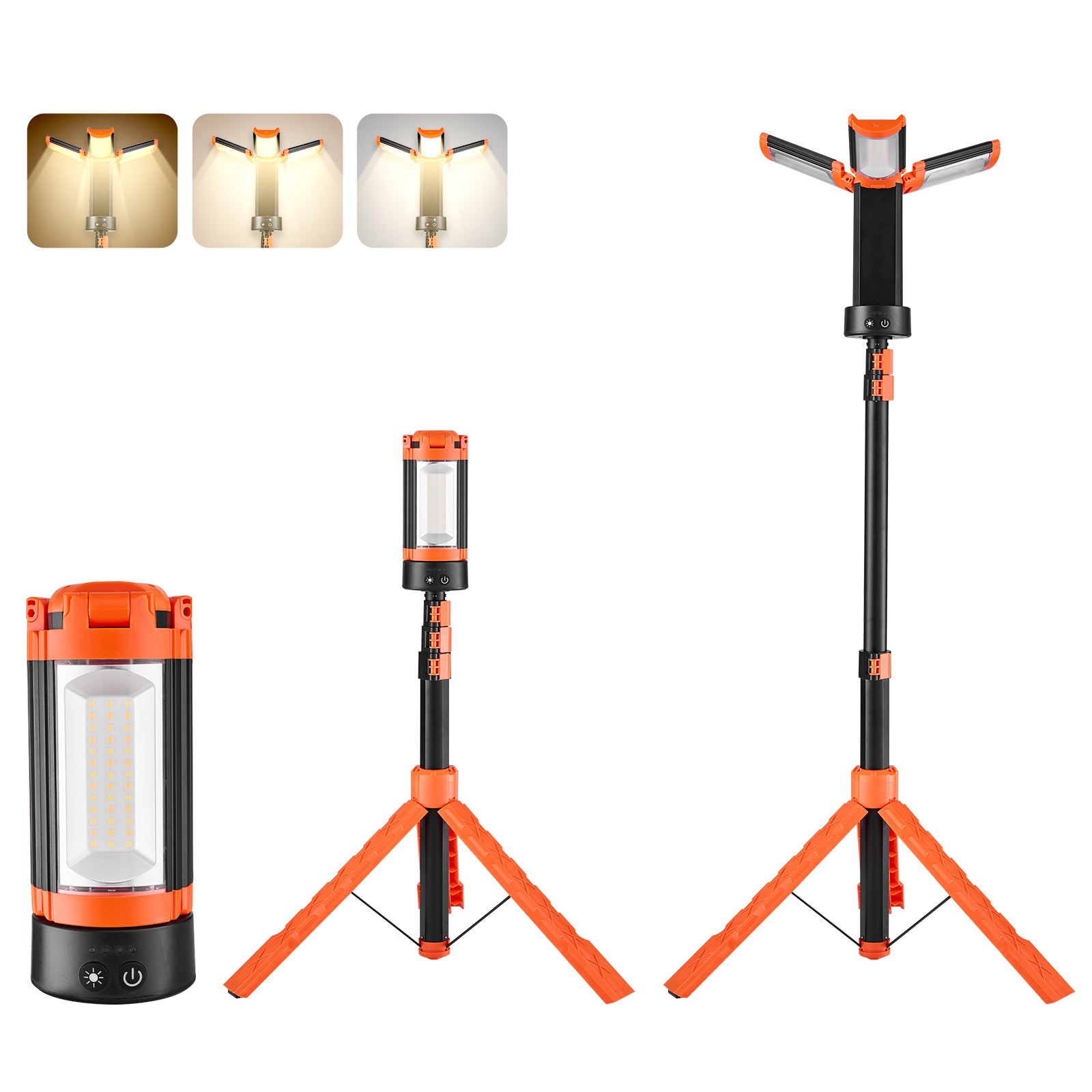 VEVOR LED-bouwlamp met statief, oplaadbare campinglamp van 6 Ah, met 3 lampkoppen, afneembaar statief, 2200 LM, 3000 K-6500 K, dimbaar, bouwplaatsverlichting