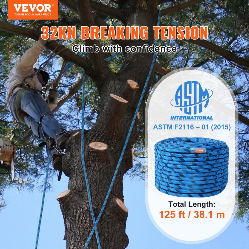 VEVOR 12.7mm Static Climbing Rope, 38M(125ft) Outdoor Rock Climbing Rope 30KN Breaking Tension, Fiber Rope with Steel Snap Hooks for Escape, Rappelling, Fire Rescue, Blue
