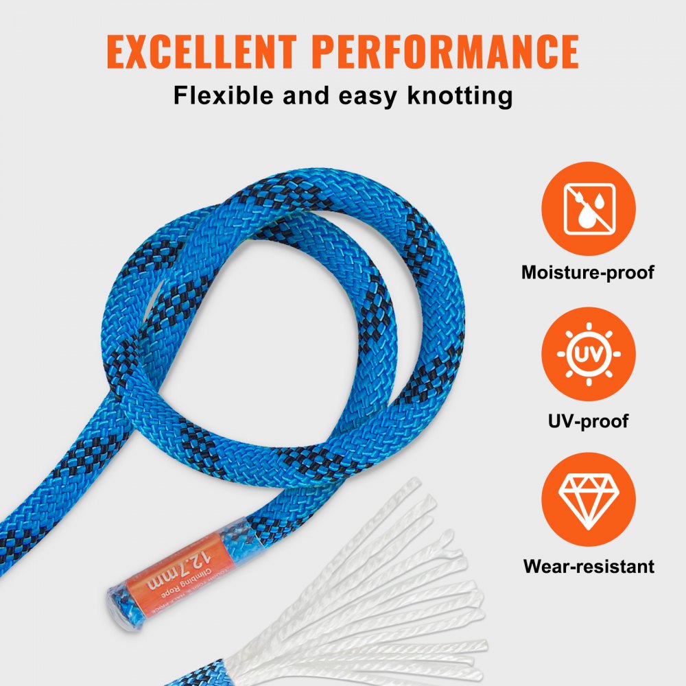 VEVOR 12.7mm Static Climbing Rope, 38M(125ft) Outdoor Rock Climbing Rope 30KN Breaking Tension, Fiber Rope with Steel Snap Hooks for Escape, Rappelling, Fire Rescue, Blue