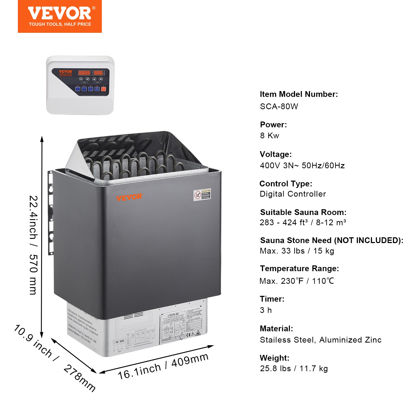 VEVOR Sauna Heater, 8KW Electric Sauna Stove, 400V 3N Portable Indoor/Outdoor Sauna Heater with 3h Timer, Digital Controller for 8-12 m³ Home, Commercial Hotel Spa Shower Use, Max 110℃