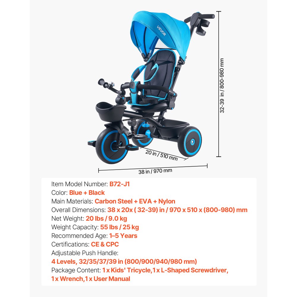 VEVOR driewieler voor kinderen van 1 tot 5 jaar, loopfiets met duwstang, opklapbare zonnekap, verstelbare zitting en opbergmand, kinderdriewieler als cadeau voor jongens en meisjes, blauw+zwart