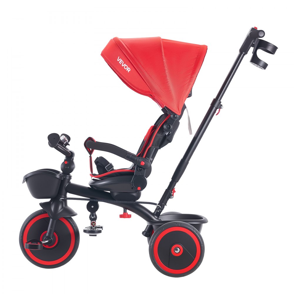 VEVOR driewieler voor kinderen van 1 tot 5 jaar, loopfiets met duwstang, opklapbare zonnekap, verstelbare zitting en opbergmand, kinderdriewieler als cadeau voor jongens en meisjes, rood+zwart