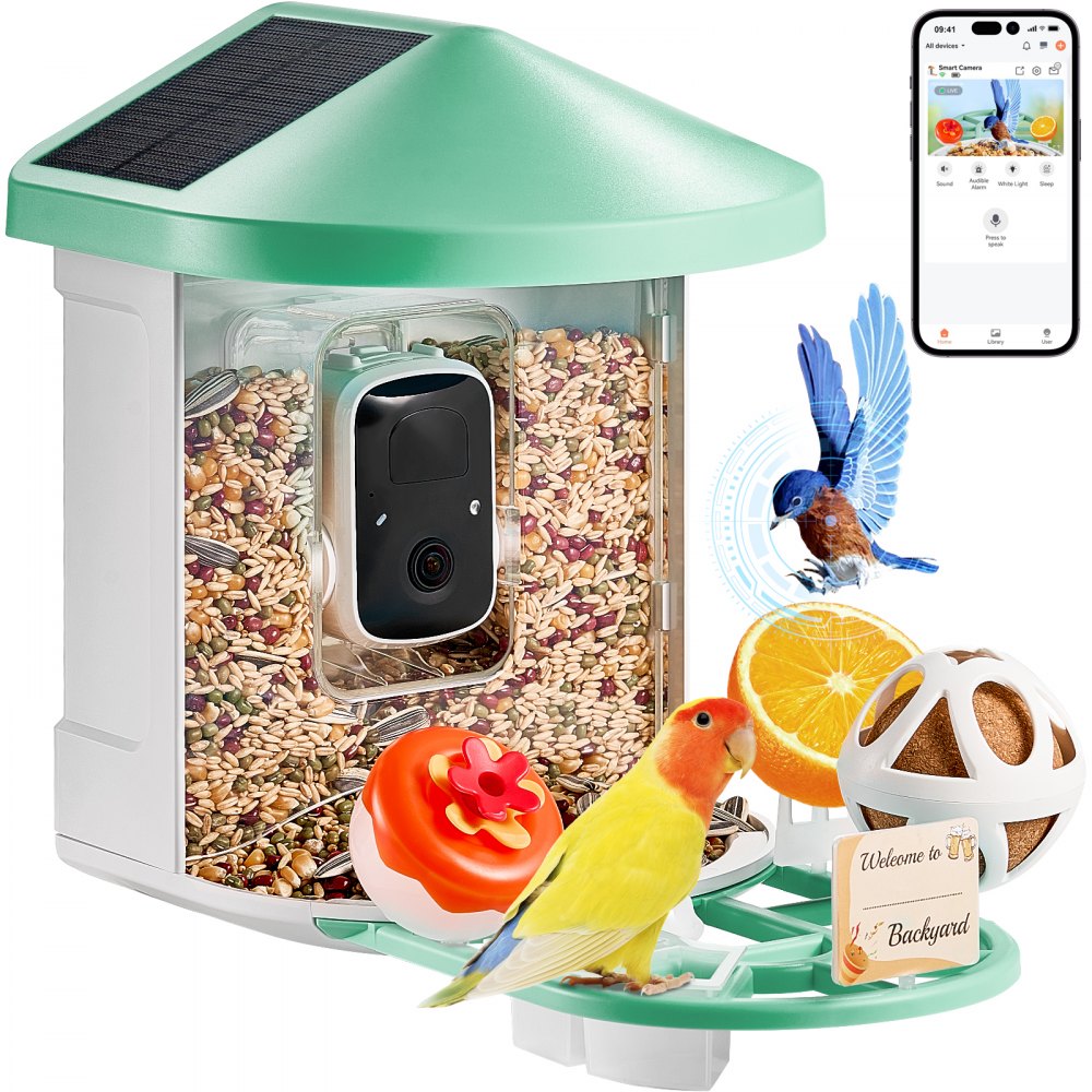 VEVOR Smart Bird Feeder with Camera, 2K HD AI Identify 10000+ Bird Species, Solar-Powered Bird Watching Camera with Auto Capture & Instant Notify, Wireless Outdoor Gift for Bird Lover (3 Solar Panels)