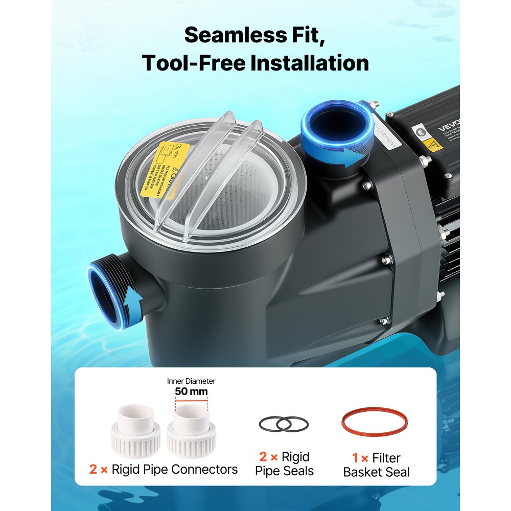 VEVOR zwembadpomp, 1300 W, max. debiet 28.800 l/u, eentraps zwembadpomp, 2850 tpm, max. opvoerhoogte 17 m, met 24-uurs timer en filtermand, voor bovengrondse en ingegraven zwembaden en spa's.