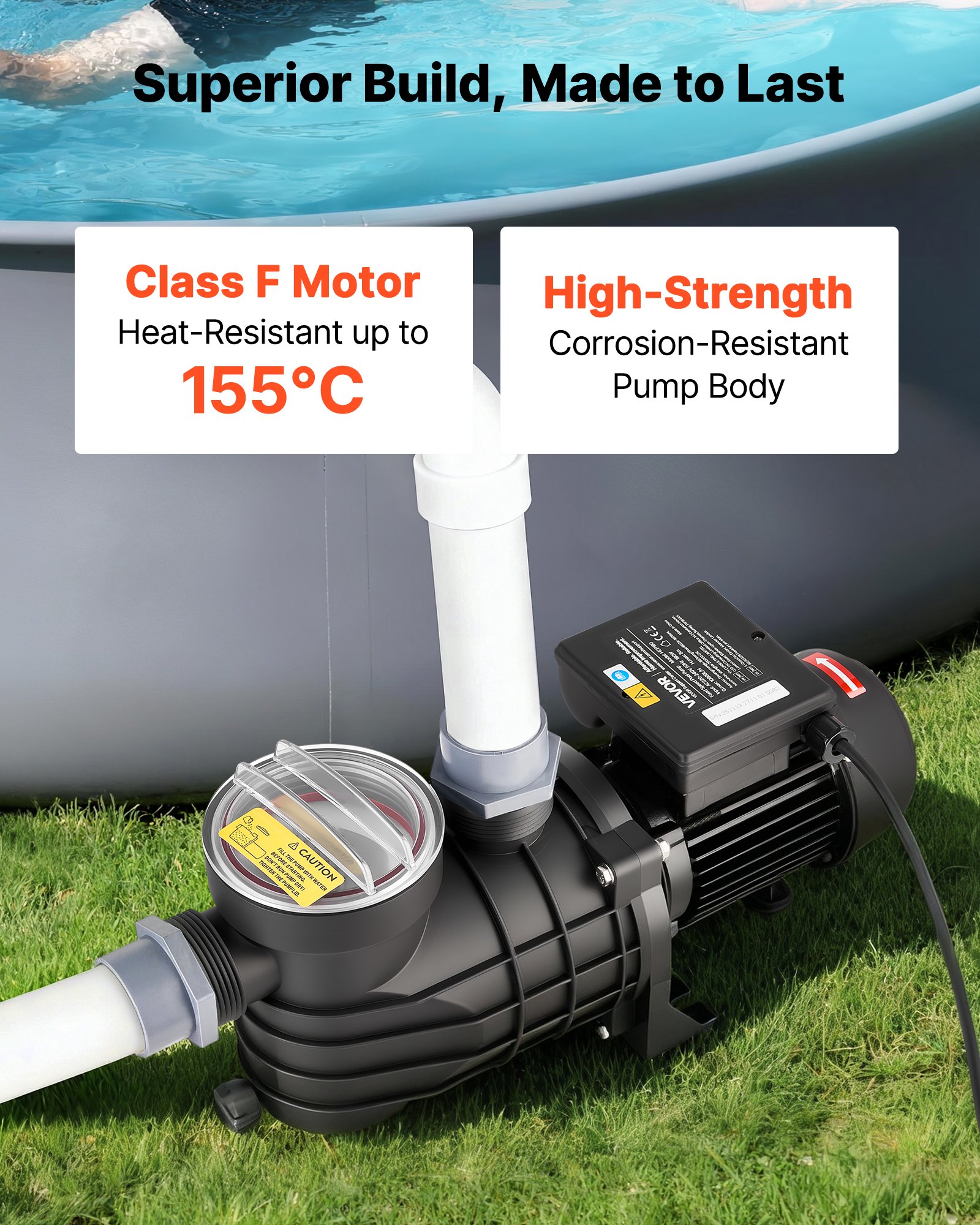 VEVOR zwembadpomp 250 W, filterpomp met een maximale doorstroomsnelheid van 11.700 l/u, eentraps zwembadpomp, 2850 tpm, maximale opvoerhoogte van 8 m, inclusief filtermand en deksel, voor bovengrondse zwembaden, zwembaden en spa's.