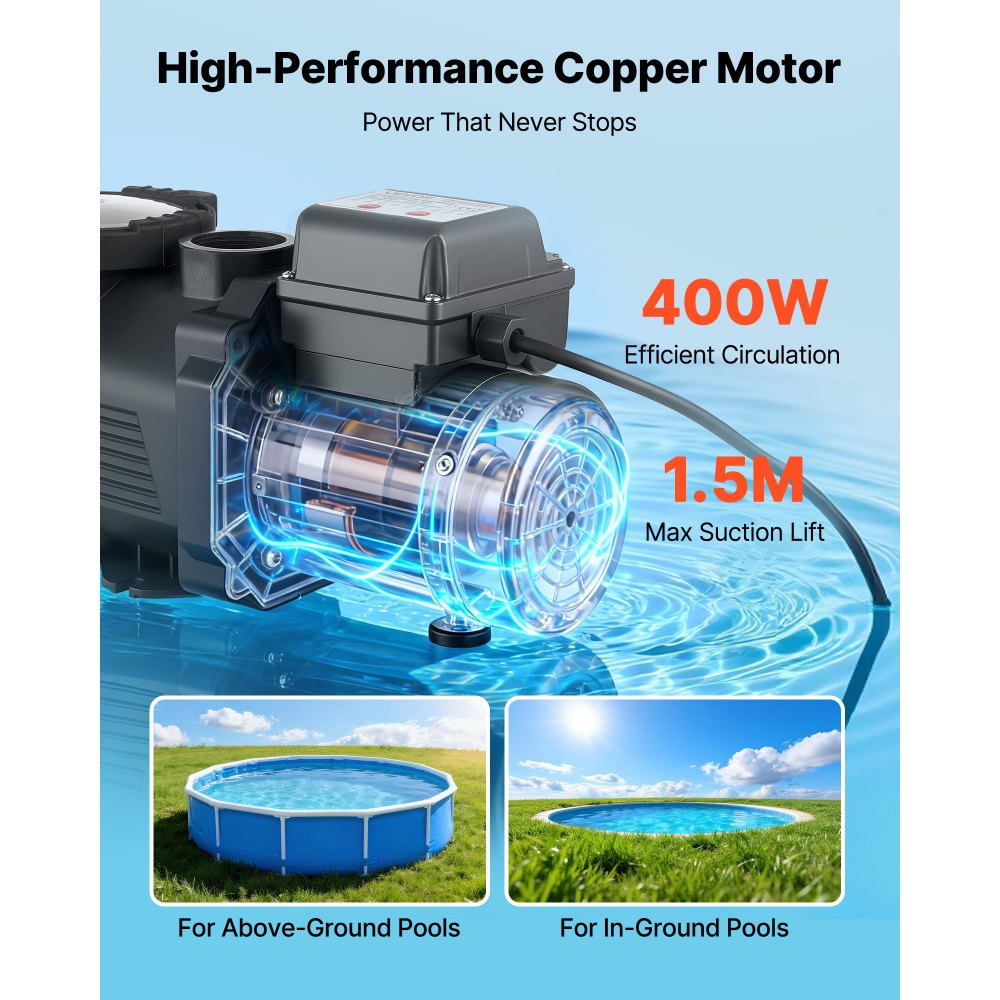 VEVOR zwembadpomp 400 W, filterpomp met een maximale doorstroomsnelheid van 11.100 l/u, eentraps zwembadpomp, 3450 tpm, maximale opvoerhoogte van 10 m, met 24-uurs timer en filtermand, voor bovengrondse en ingegraven zwembaden en spa's.