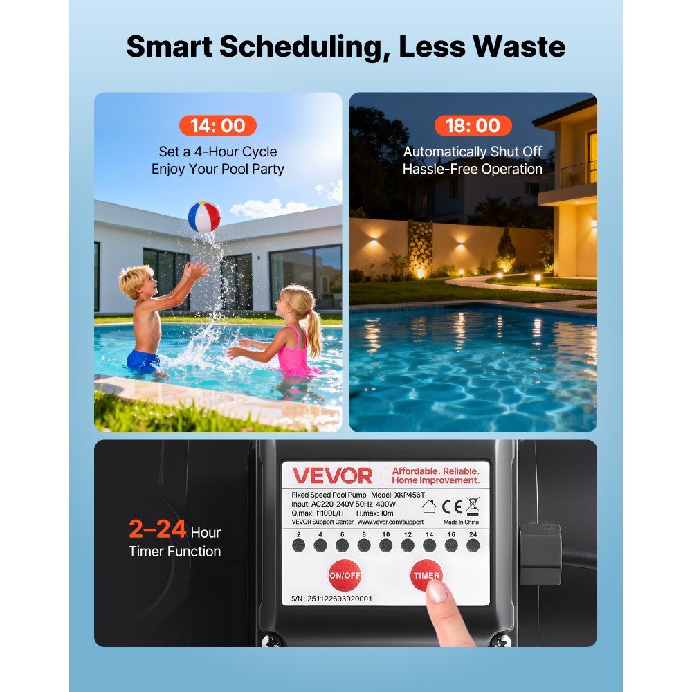 VEVOR zwembadpomp 400 W, filterpomp met een maximale doorstroomsnelheid van 11.100 l/u, eentraps zwembadpomp, 3450 tpm, maximale opvoerhoogte van 10 m, met 24-uurs timer en filtermand, voor bovengrondse en ingegraven zwembaden en spa's.