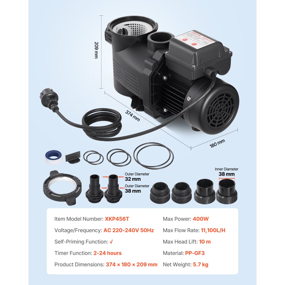 VEVOR zwembadpomp 400 W, filterpomp met een maximale doorstroomsnelheid van 11.100 l/u, eentraps zwembadpomp, 3450 tpm, maximale opvoerhoogte van 10 m, met 24-uurs timer en filtermand, voor bovengrondse en ingegraven zwembaden en spa's.