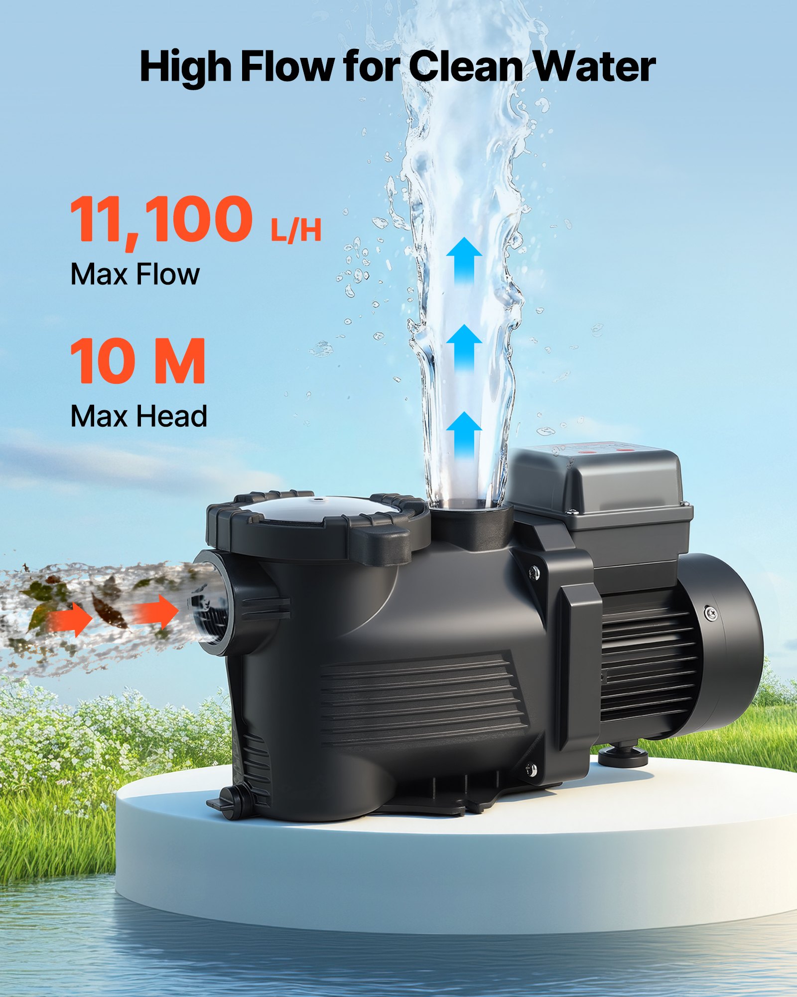 VEVOR zwembadpomp 400 W, filterpomp met een maximale doorstroomsnelheid van 11.100 l/u, eentraps zwembadpomp, 3450 tpm, maximale opvoerhoogte van 10 m, met 24-uurs timer en filtermand, voor bovengrondse en ingegraven zwembaden en spa's.