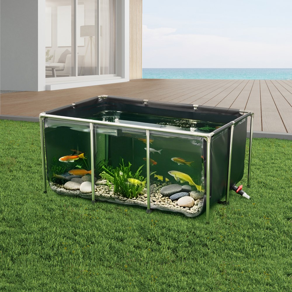 VEVOR Canvas Visvijver, 1023,3 L Kweekwatertank, PVC Koi-tank met transparant kijkvenster, Aquarium met roestvrijstalen frame en aftapkraan, voor het kweken van Koi en Goudvissen (Zwart)