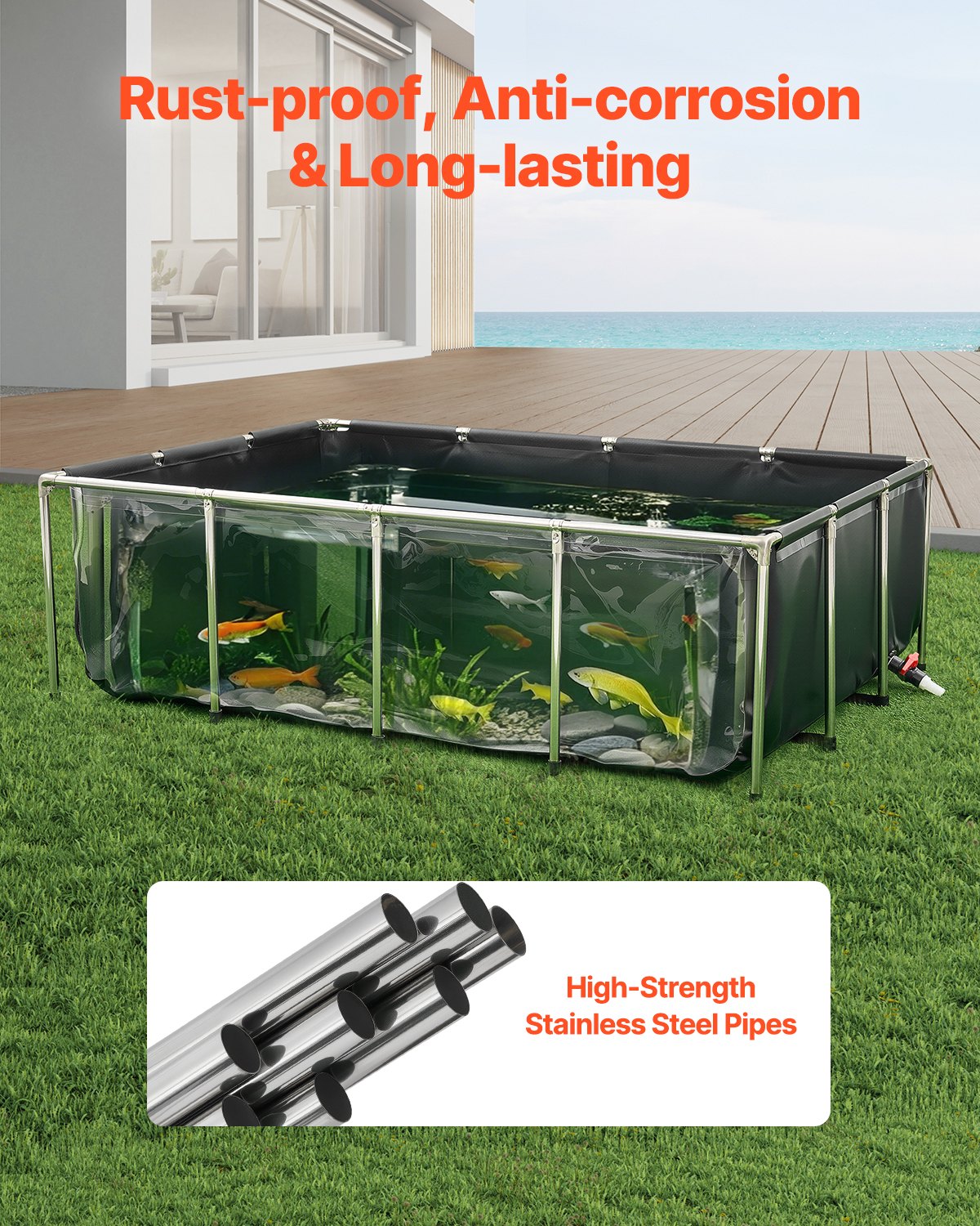 VEVOR Canvas Fish Pond, 470 Gal Above Ground Fish Pond, PVC Koi Tank with Clear Viewing Panel, Rectangular Goldfish Tank with Stainless Steel Frame & Drain Valve, for Breeding Koi, Irrigation(Black)