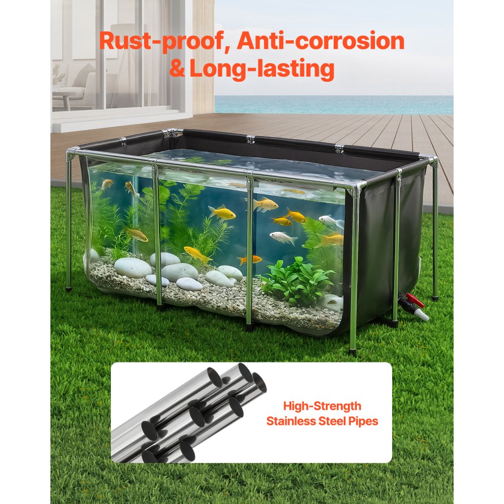 VEVOR Canvas Visvijver 757 L Bovengrondse Visvijver Zwart PVC Koi-bassin, Rechthoekig Goudvisbassin met Kijkvenster, Roestvrijstalen Frame & Afvoerklep, voor Koi-kweek en Irrigatie