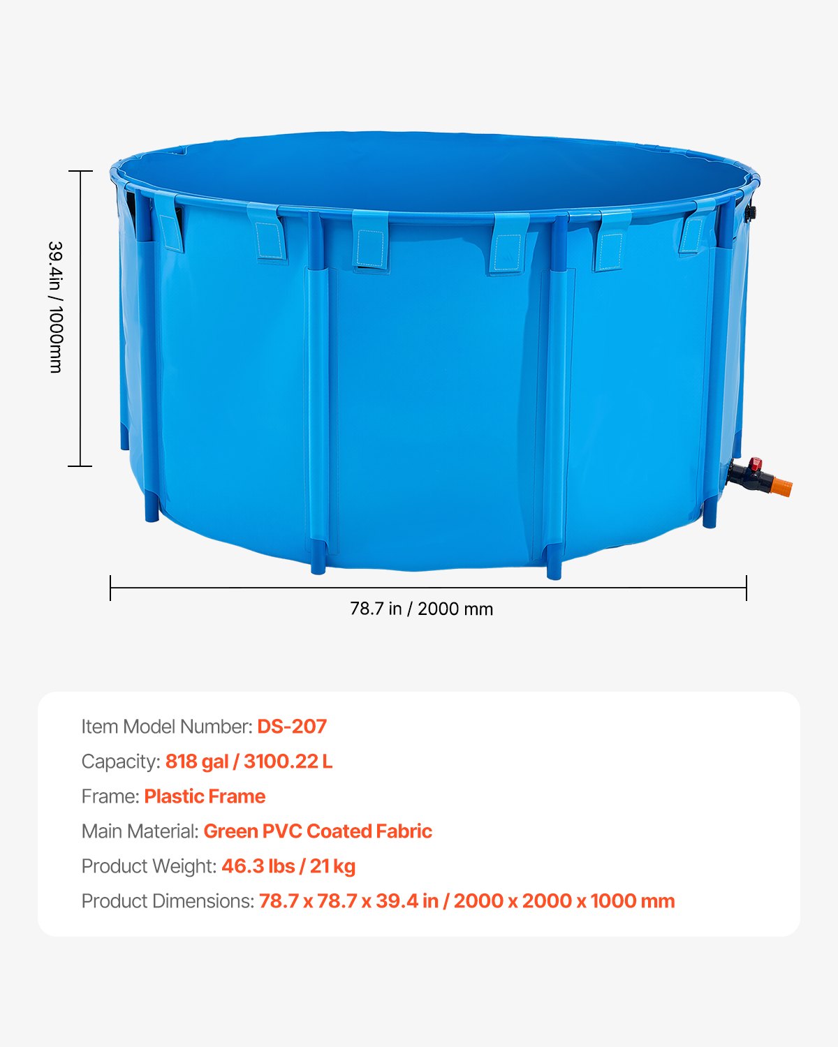 VEVOR Canvas Fish Pond, 818 Gal Capacity Above Ground Fish Pond, Foldable PVC Koi Tank, Round Goldfish Tank with Stable Frame and Drain Valve, for Aquaculture, Koi Breeding, and Irrigation (Blue)