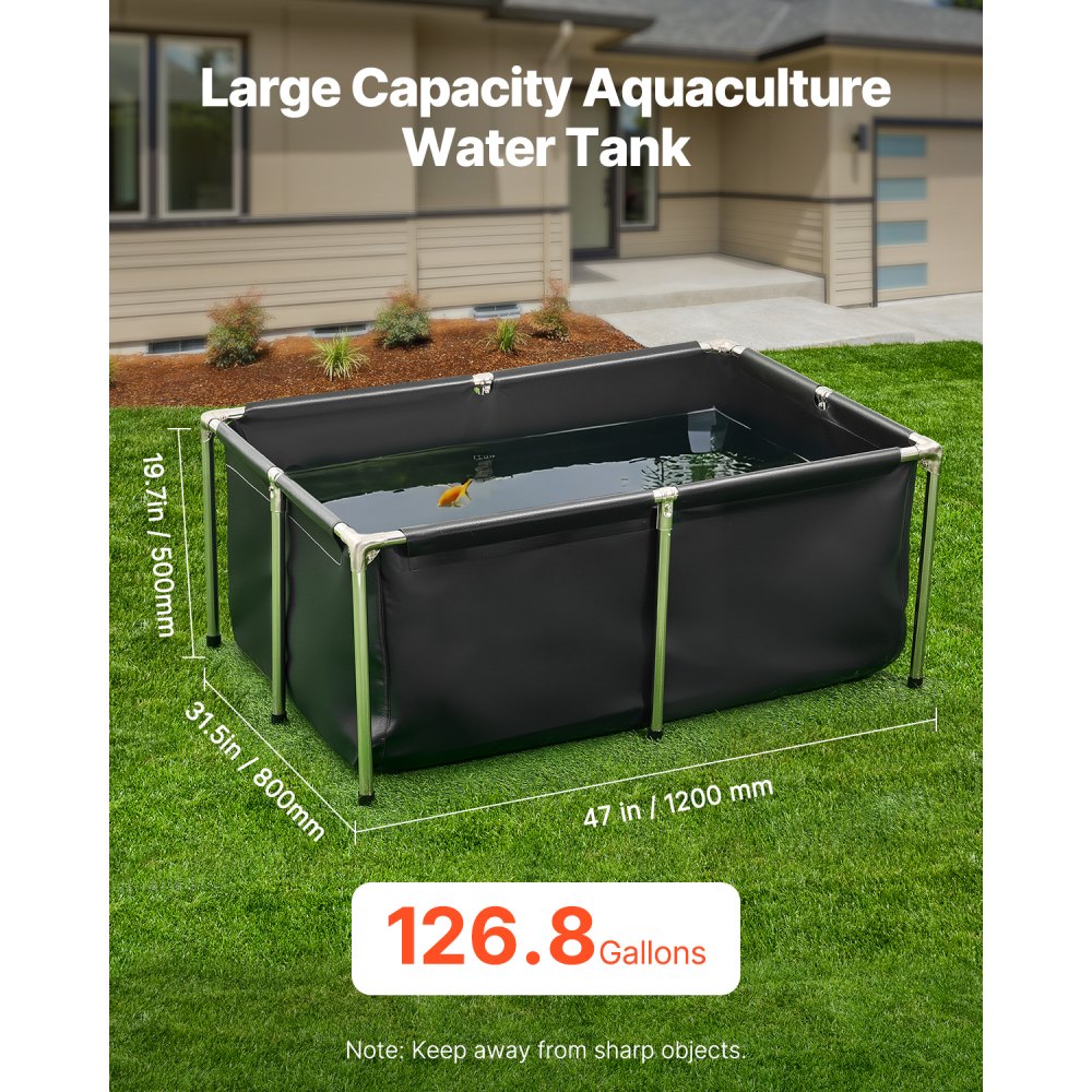 VEVOR Canvas Fish Pond, 126.8 Gal Above Ground Fish Pond, Foldable PVC Koi Tank, Rectangular Goldfish Tank with Stable Frame and Drain Valve, for Aquaculture, Koi Breeding, and Irrigation (Black)