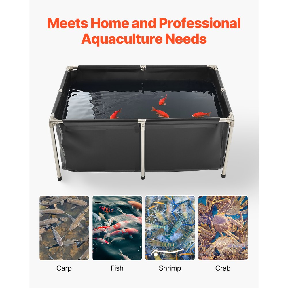 VEVOR Canvas Fish Pond, 126.8 Gal Above Ground Fish Pond, Foldable PVC Koi Tank, Rectangular Goldfish Tank with Stable Frame and Drain Valve, for Aquaculture, Koi Breeding, and Irrigation (Black)