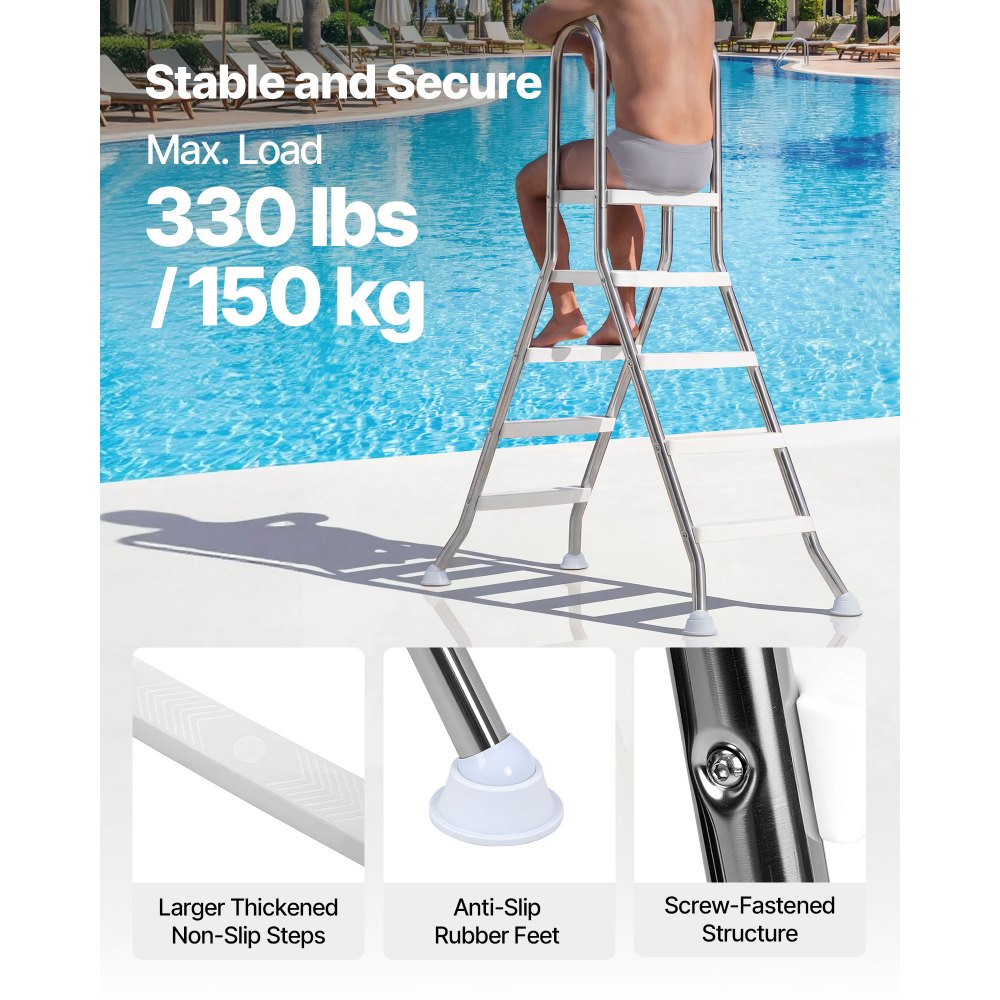 VEVOR roestvrijstalen zwembadladder, draagvermogen 150 kg, A-frame instapladder, veiligheidsladder voor bovengrondse zwembaden met een diepte van 125 cm, instaphulp met 3 antislip treden en platform, zilverkleurig