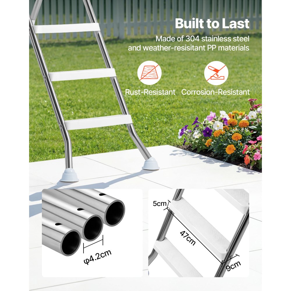VEVOR roestvrijstalen zwembadladder, draagvermogen 150 kg, A-frame instapladder, veiligheidsladder voor bovengrondse zwembaden met een diepte van 125 cm, instaphulp met 3 antislip treden en platform, zilverkleurig
