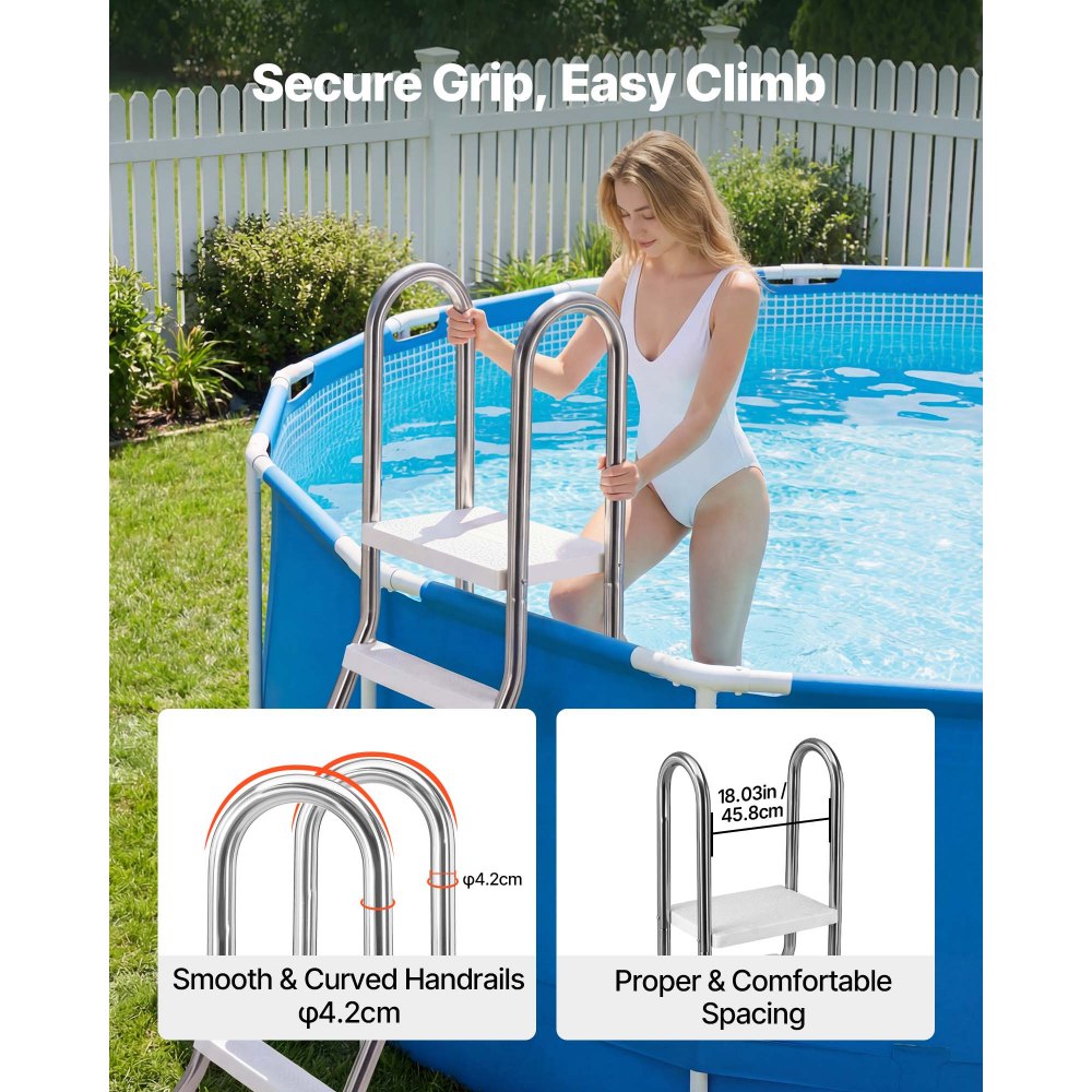 VEVOR roestvrijstalen zwembadladder, draagvermogen 150 kg, A-frame instapladder, veiligheidsladder voor bovengrondse zwembaden met een diepte van 125 cm, instaphulp met 3 antislip treden en platform, zilverkleurig