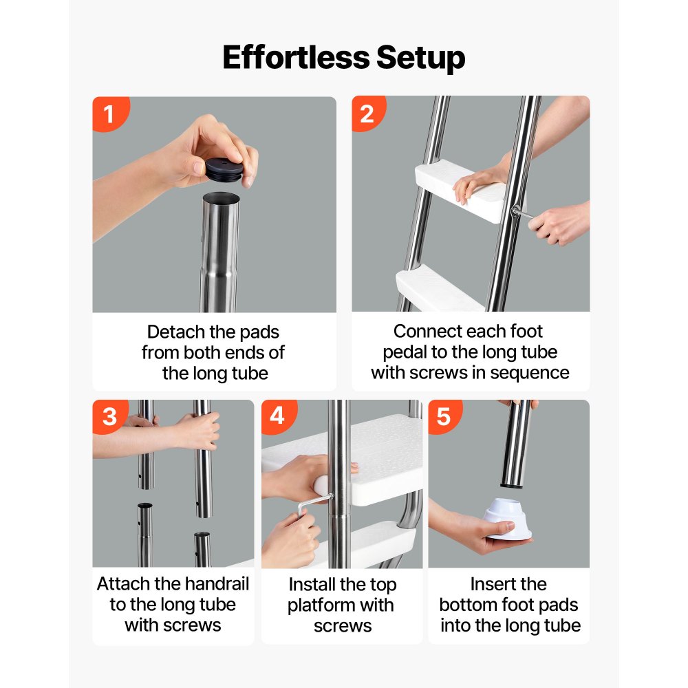 VEVOR roestvrijstalen zwembadladder, draagvermogen 150 kg, A-frame instapladder, veiligheidsladder voor bovengrondse zwembaden met een diepte van 125 cm, instaphulp met 3 antislip treden en platform, zilverkleurig