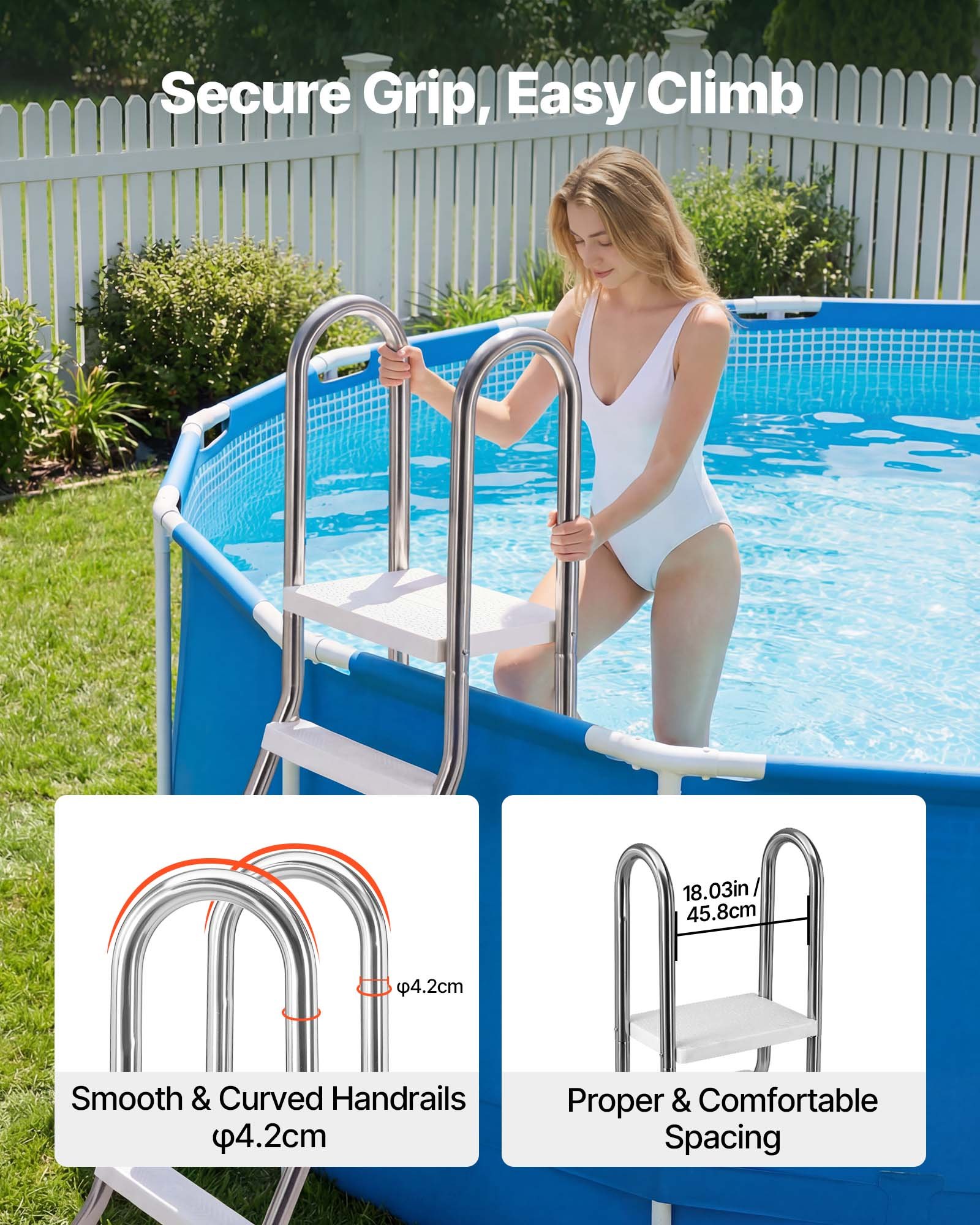 VEVOR roestvrijstalen zwembadladder, draagvermogen 150 kg, A-frame instapladder, veiligheidsladder voor bovengrondse zwembaden met een diepte van 125 cm, instaphulp met 3 antislip treden en platform, zilverkleurig