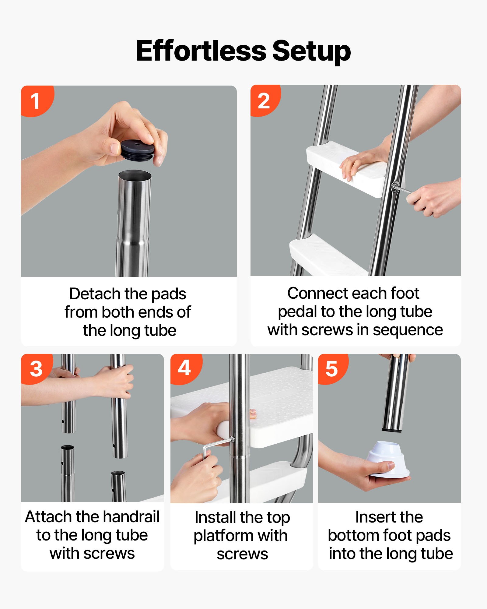 VEVOR roestvrijstalen zwembadladder, draagvermogen 150 kg, A-frame instapladder, veiligheidsladder voor bovengrondse zwembaden met een diepte van 125 cm, instaphulp met 3 antislip treden en platform, zilverkleurig