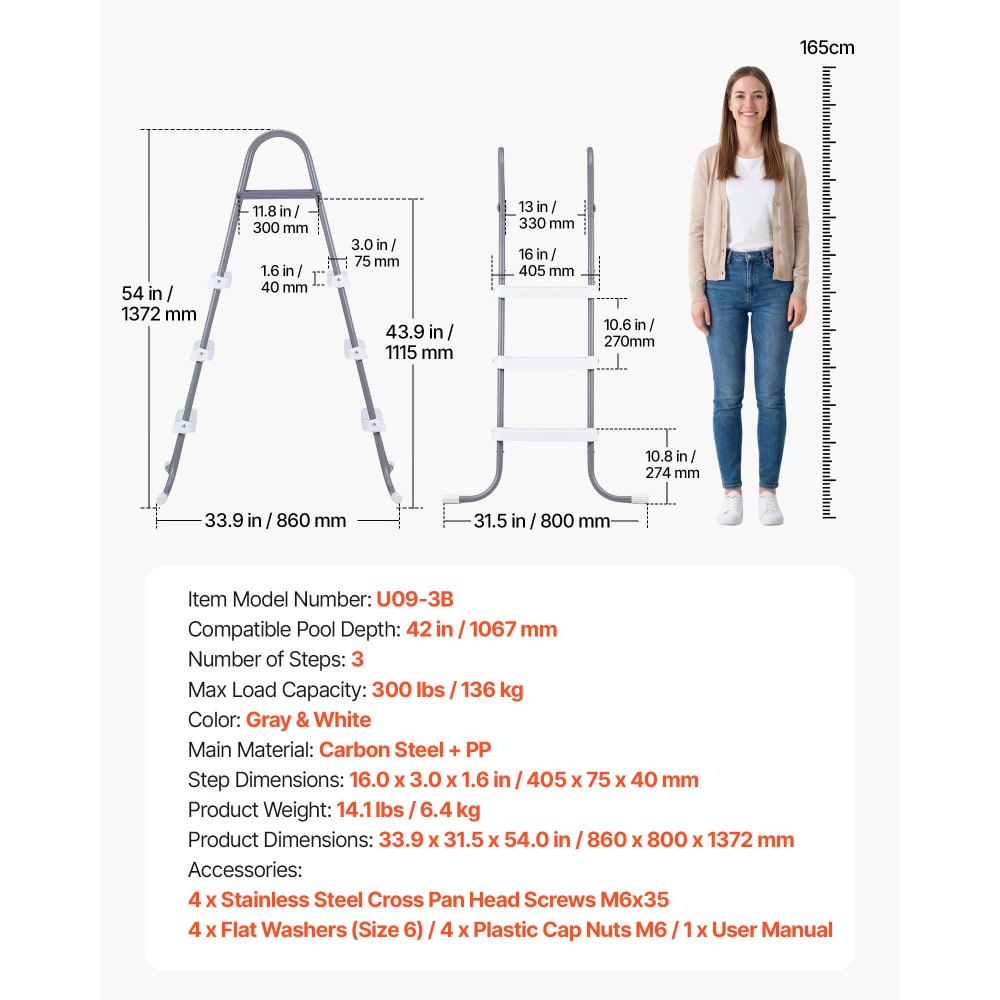 VEVOR Zwembadtrap van koolstofstaal, draagvermogen 136 kg, A-frame instaptrap, veiligheidstrap voor bovengrondse zwembaden met een diepte tot 106,7 cm, antislip instaphulp met 3 treden, grijs en wit