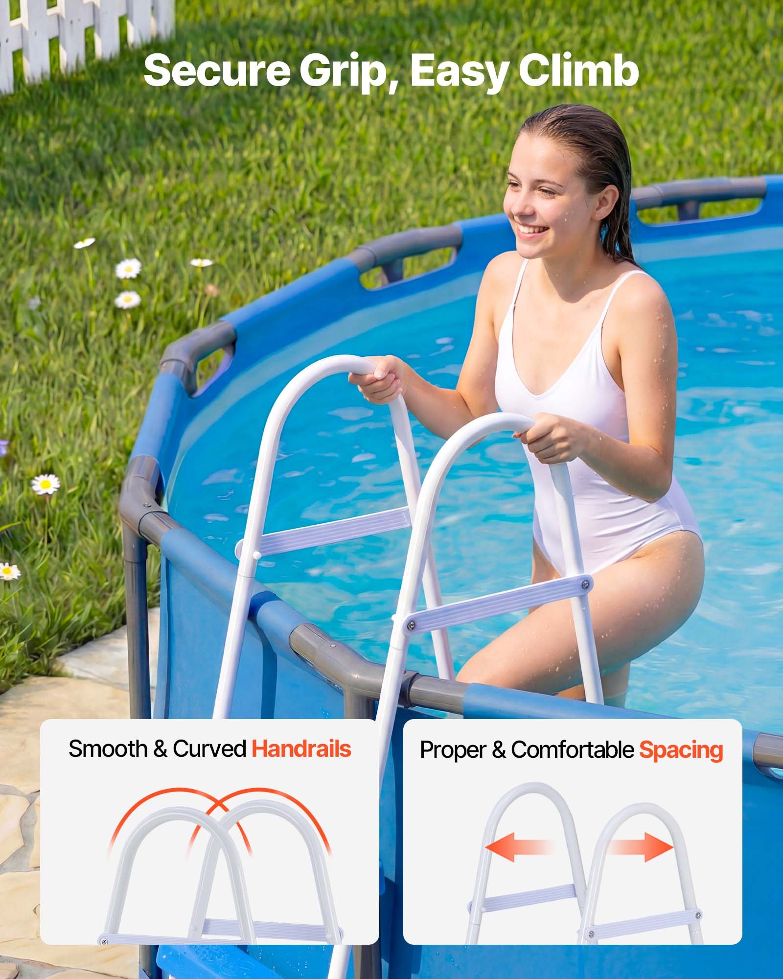 VEVOR zwembadladder van koolstofstaal met een draagvermogen van 136 kg, A-frame instapladder, veiligheidsladder voor bovengrondse zwembaden met een diepte tot 914 mm, antislip instaphulp met 3 treden, wit en blauw