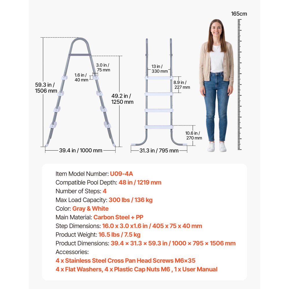 VEVOR Zwembadtrap van koolstofstaal, draagvermogen 136 kg, A-frame instaptrap, veiligheidstrap voor bovengrondse zwembaden met een diepte tot 121,9 cm, antislip instaphulp met 4 treden, grijs en wit